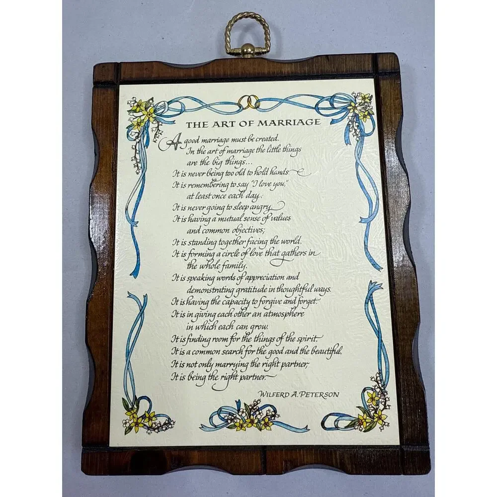 Vintage Art of Marriage Wood Plaque, Wilford Peterson Poem, 1970s Wedding Gift